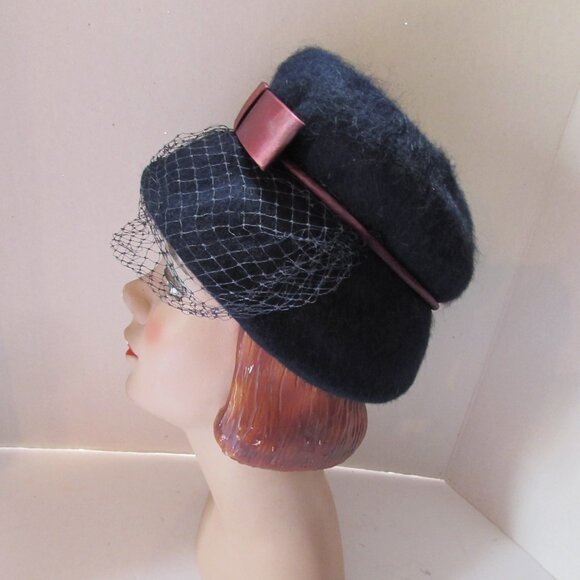 SALE  Vintage Hat  Bucket or Lampshade Style Navy Felt Burgundy Bow main image 4